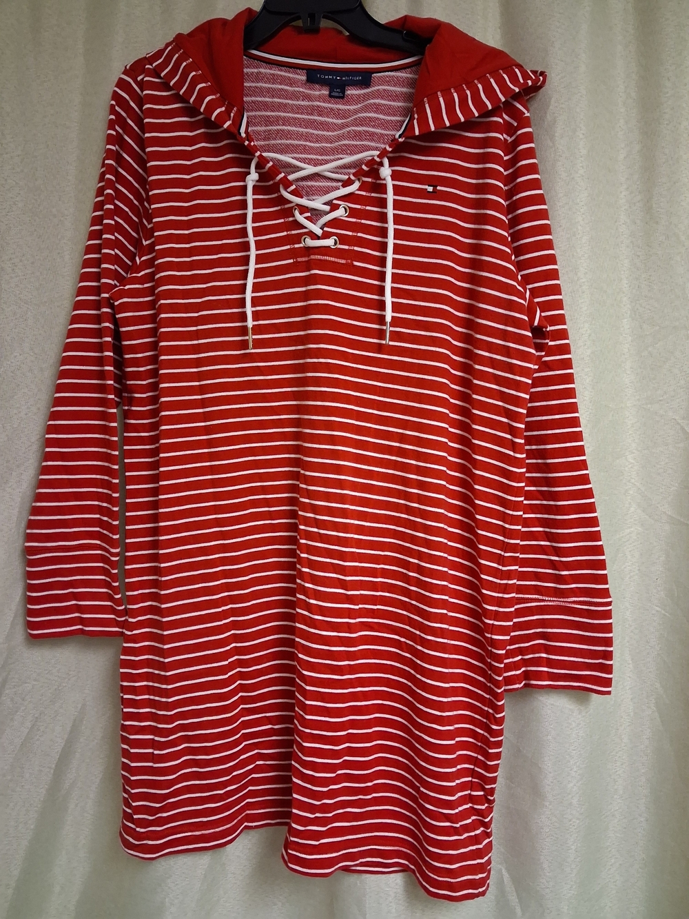 Tommy Hilfiger Red and White Lace-Up Hooded Nightdress